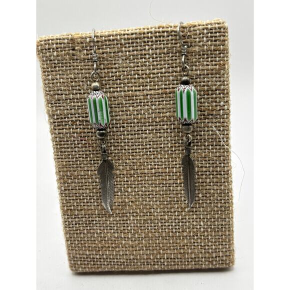 1970's Dangle Earrings with Silver Tone Feather and Bead - Picture 5 of 7